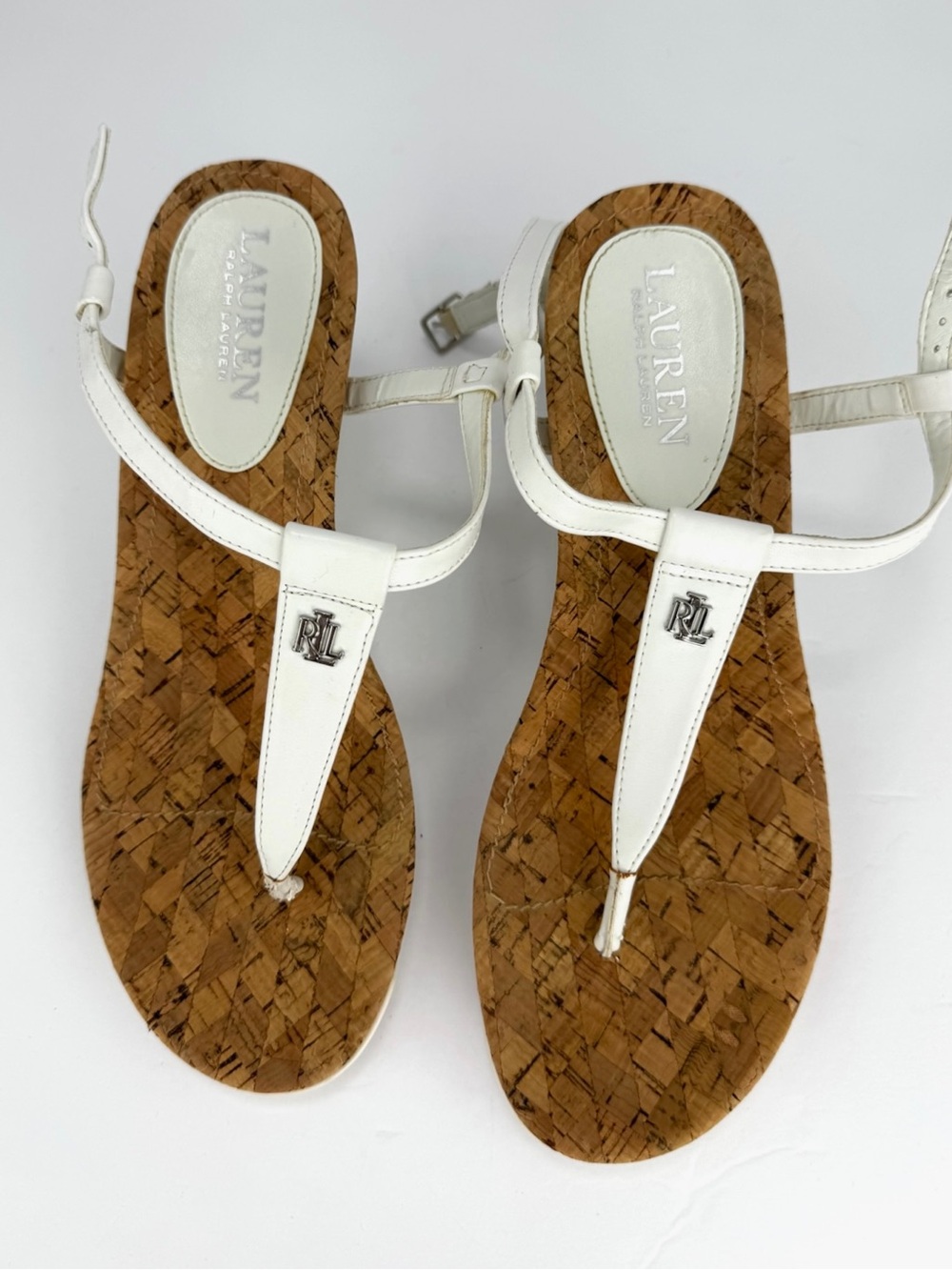 Ralph Lauren White Leather Cork Thong Sandals with RL Accent